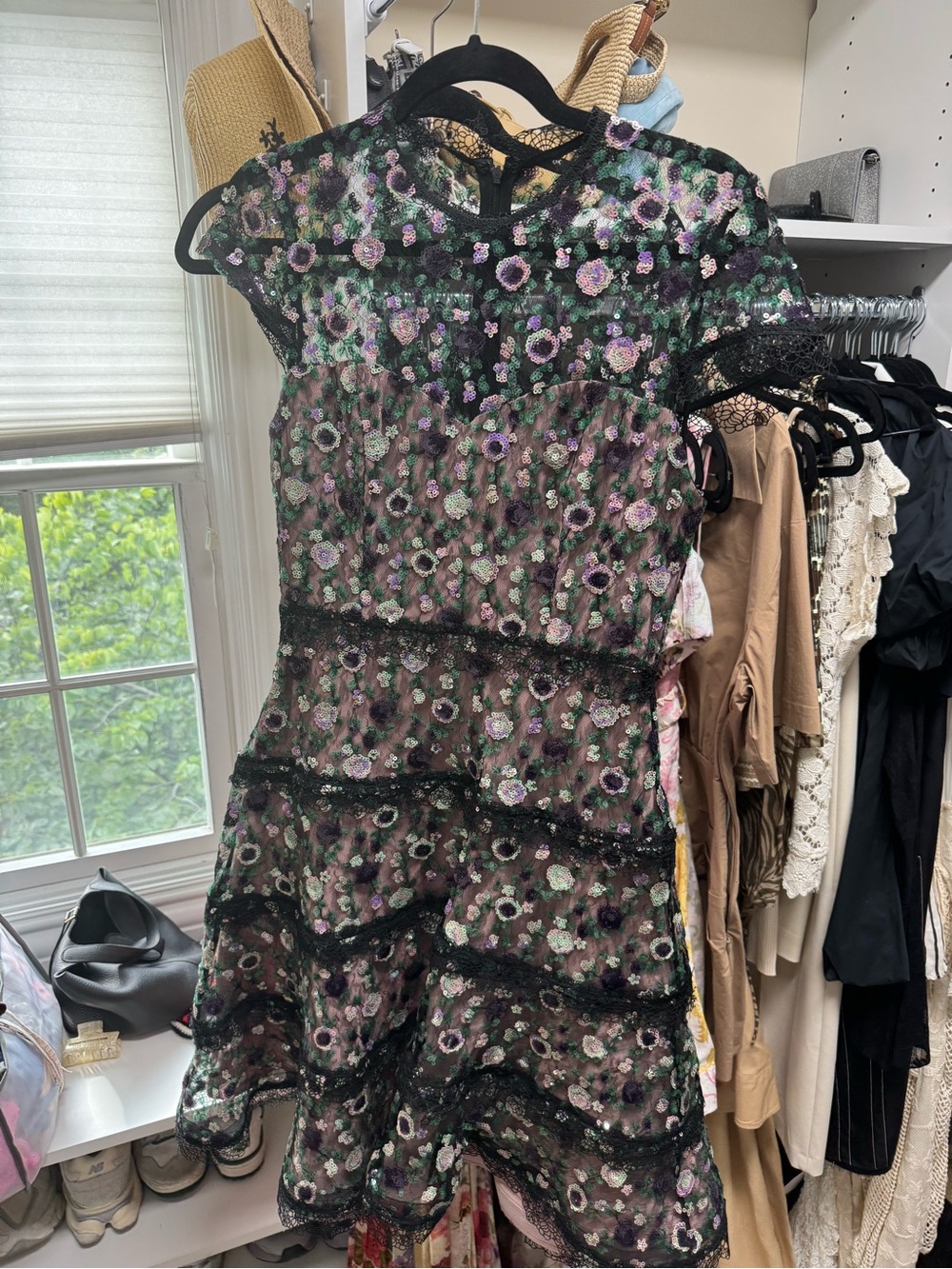 Alexis Black Lace Mini Dress with Lavender and Green Floral Embroidery